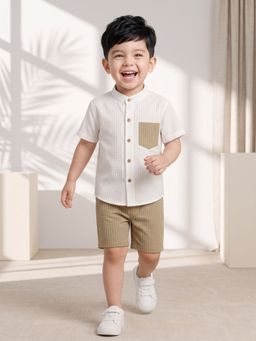 AJ Dezines - Boys Brown Textured Cotton Blend Shirt with Shorts