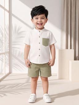 AJ Dezines - Boys Green Textured Cotton Blend Shirt with Shorts