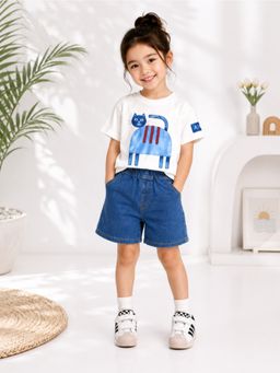 Googo Gaaga - Girls Cotton Cat Printed T-shirt With Shorts-White