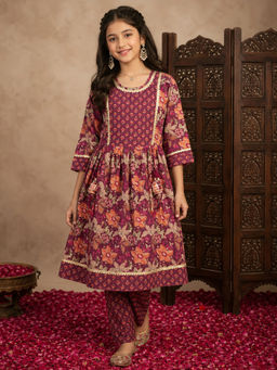 Aarika - Girls Wine Floral Cotton Anarkali Kurta with Pant