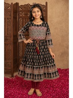 Aarika - Girls Black Printed Cotton Anarkali Kurta