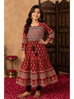 Aarika - Girls Maroon Printed Cotton Anarkali Kurta