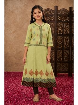 Aarika - Girls Green Printed Cotton Anarkali Kurta