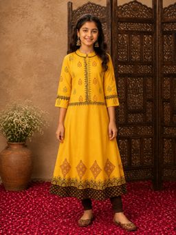 Aarika - Girls Yellow Printed Cotton Anarkali Kurta