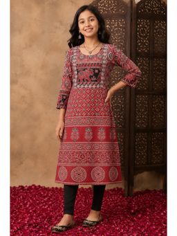 Aarika - Girls Maroon Printed Cotton Anarkali Kurta
