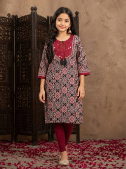 Aarika - Girls Maroon Printed Cotton Kurta