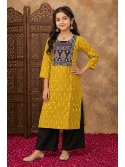 Aarika - Girls Mustard Printed Cotton Blend Kurta with Palazzo