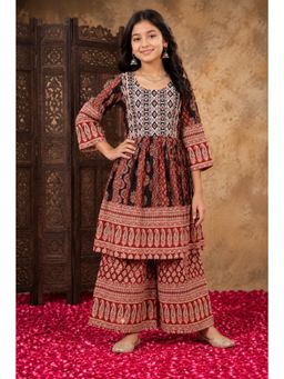 Aarika - Girls Black Floral Cotton Anarkali Kurta with Palazzo