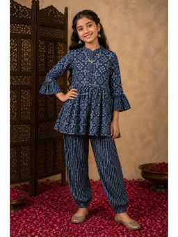Aarika - Girls Teal Printed Cotton Kurta with Salwar