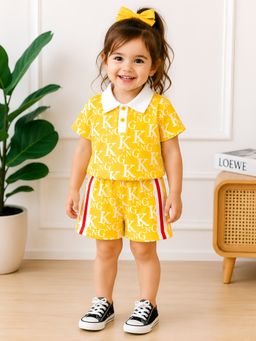 Googo Gaaga - Girls Yellow Textured Cotton Blend Co-Ord Set