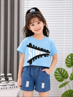Googo Gaaga - Girls Blue Printed Cotton T-Shirt with Short