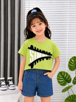Googo Gaaga - Girls Green Printed Cotton T-Shirt with Short