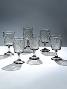 The Golden Theory - Smoky Black Palm Leaf Embossed Glasses (Pack Of 6)
