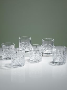 The Golden Theory - Clear Diamond Grid Cut Design Whiskey Glasses (Pack Of 6)