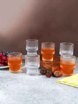 The Golden Theory - Clear Stacked Ring Base Ribbed Glasses (Pack Of 6)