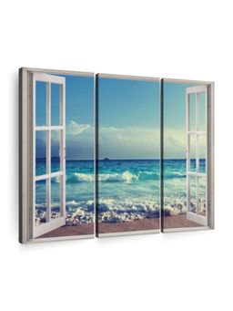 POSTERS AND TRUSS - 3 Pcs Blue White Beautiful Beach Vinyl Mural 3D Window Printed Wall Art