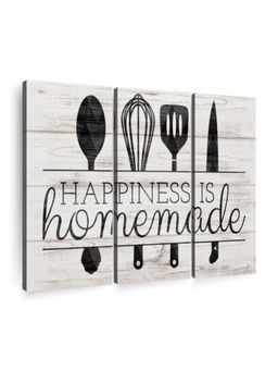 POSTERS AND TRUSS - 3-Pcs Off- White Black Happiness Is Homemade Kitchen Tools Printed Framed Wall Art