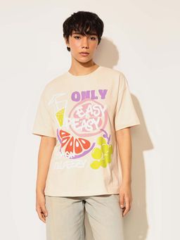 ONLY - Beige Printed Regular Fit T-Shirt