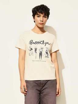 ONLY - Beige Printed Regular Fit T-Shirt