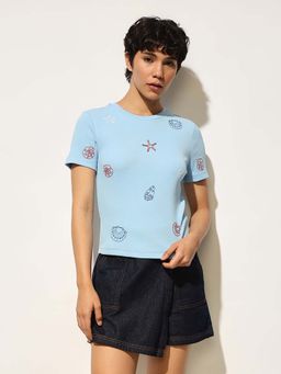ONLY - Blue Printed Regular Fit T-Shirt