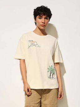 ONLY - Beige Printed Oversized Fit T-Shirt
