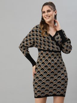 Mafadeny - Women Self Design Long Sleeves V-Neck Viscose Black Knee length Winter Dress