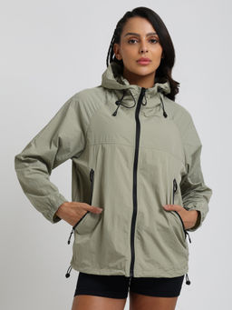 CHKOKKO - Green Women Activewear Full Zip Windcheater Jacket