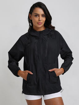 CHKOKKO - Black Women Sporty Hooded Windcheater Jacket