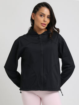 CHKOKKO - Black Women Lightweight Hooded Sporty Windcheater Jacket