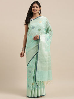 Banarasi Silk Works - Sea Green Masrise Cotton Tilfi Jaal Zari Border Saree with Unstitched Blouse