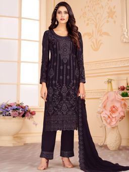 Stylee LIFESTYLE - Brown Georgette Embroidered Dress Material