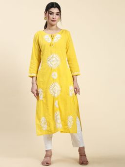 HOUSE OF KARI - Samma Chikankari Long Kurta In Cotton for Women Yellow