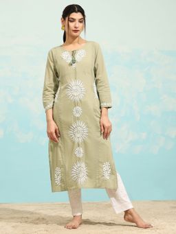HOUSE OF KARI - Samma Chikankari Long Kurta In Cotton for Women Green