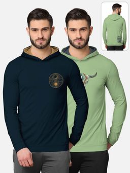 BULLMER - Printed Full Sleeve Hooded T-shirt For Men Navy Blue And Green (Pack of 2)