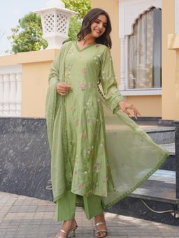 ONEWE INDIA - Pista Chanderi Floral Embroidered Kurta With Pant & Dupatta