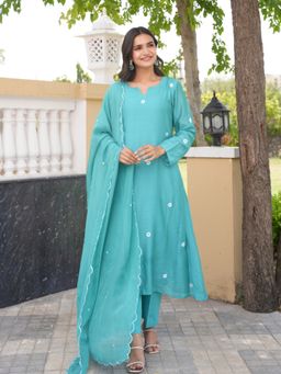 ONEWE INDIA - Teal Daisy Chanderi A-Line Kurta With Pant & Dupatta