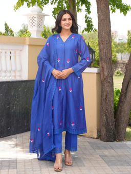ONEWE INDIA - Tulip Tale Royal Blue Chanderi Kurta With Pant & Dupatta