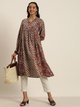 Rangmayee - Women Red & Blue Bagru Hand Block Printed A Line Sustainable Kurta