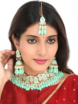 Yellow Chimes - Gold-Plated Green And White Kundan-Studded And Beaded Handcrafted Jewellery (Set of 2)