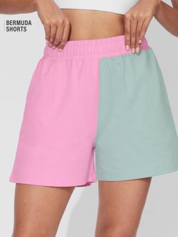 The Souled Store - Originals Solids Pink Green Colourblock Women Bermuda Shorts