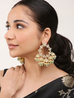 Khushi Jewels - Polki Kundan and Zircon Diamonds Green Pearls Earrings with Jhumkis