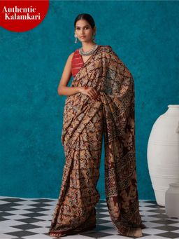 Likha - Maroon Kalamkari Hand Block Printed Saree with Unstitched Blouse LIKSAR01 (One Size)