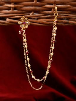 Shoshaa - Gold-Plated Red Stone-Studded Layered Chain With Linked Nosepin (Set of 2)