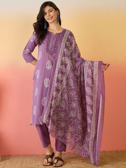 ANAISA - Women Cotton Purple Printed Round Neck Kurta with Pant & Dupatta (Set of 3)
