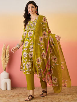 ANAISA - Women Mustard Cotton Printed V-neck Kurta with Pant & Dupatta (Set of 3)