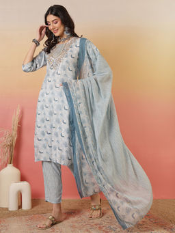 ANAISA - Women Light Blue Yoke Embroidery Kurta with Trouser & Dupatta (Set of 3)