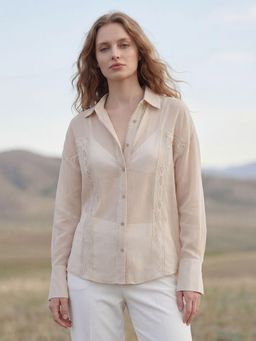 DaKauz - Flowy Sheer Shirt with Lace Detailing, Long Sleeves, and Front Button Fastening