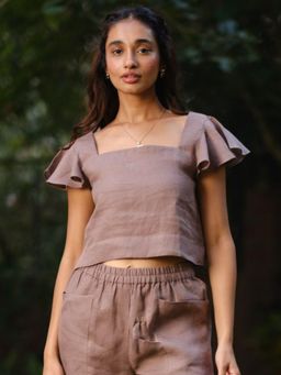 Creatures of Habit - Linen Ruffle Sleeve Crop Top- Taupe