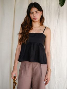 Creatures of Habit - Linen Flared Cami Top- Midnight Black