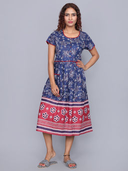 evolove - Women's Soft Cotton Nightdress with Pocket Navy Blue Color